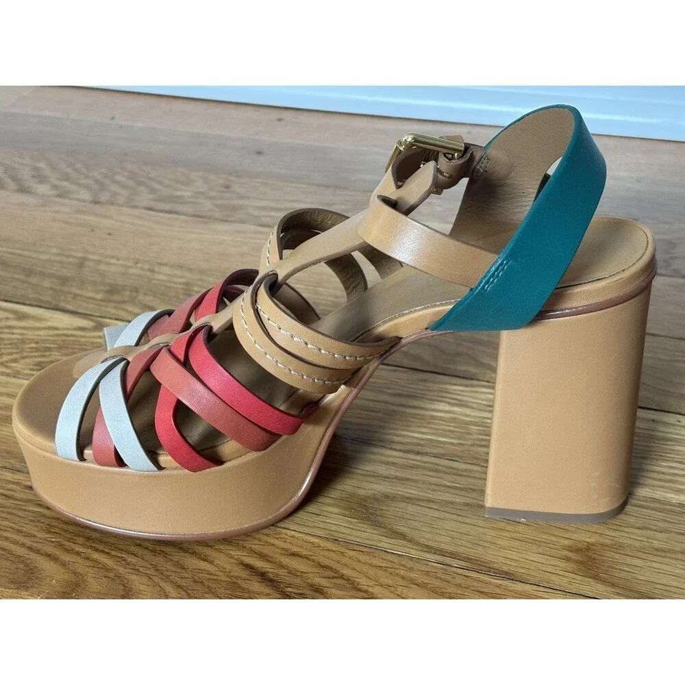 See By Chloe Sierra Platform Heels Sandals Irlanda Leather Brown Green Red 39 - Picture 8 of 16